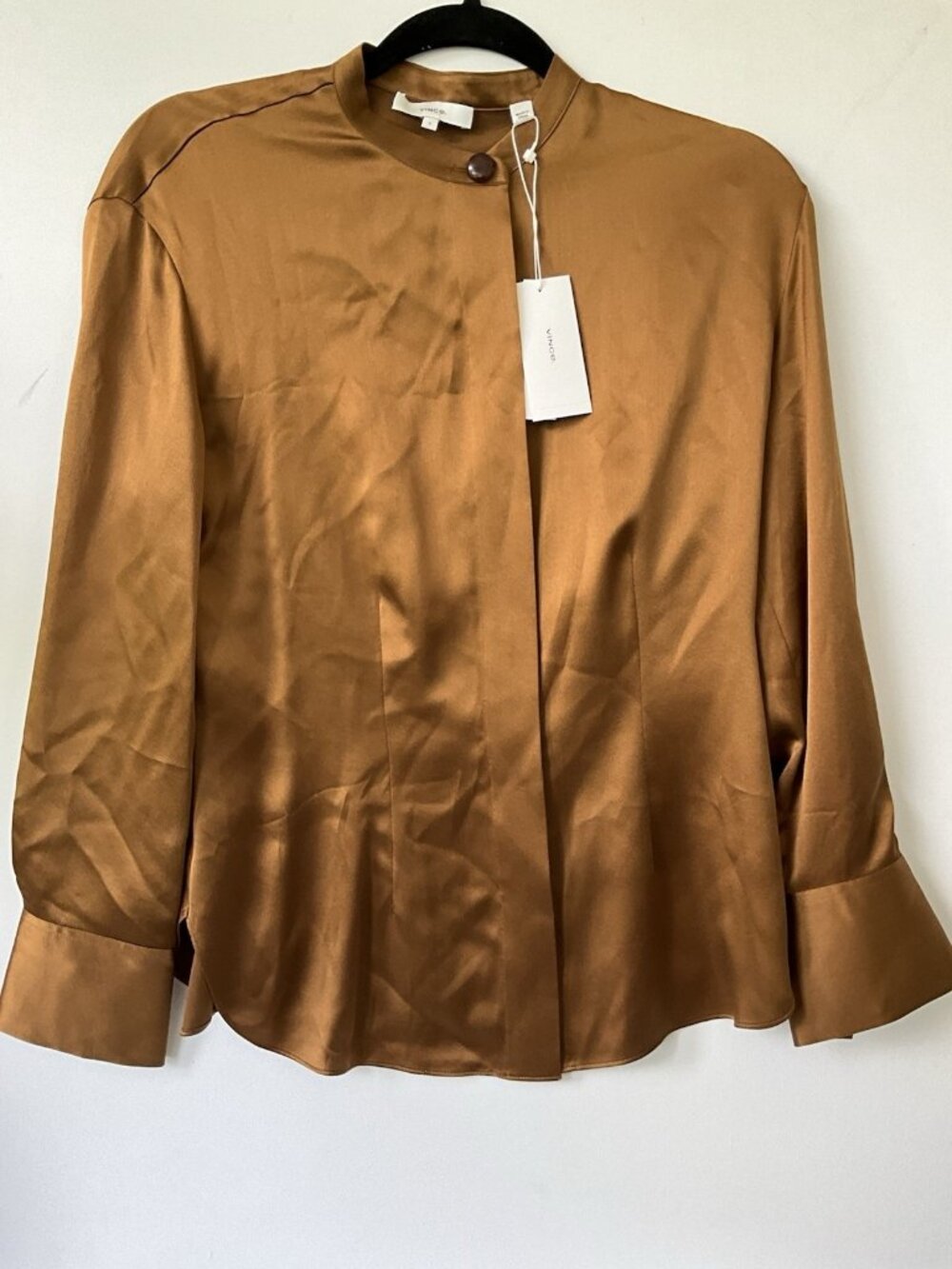 Vince Silk Band Collar Blouse in Cognac Womens Size S NWT Long Sleeves Designer - Picture 5 of 7